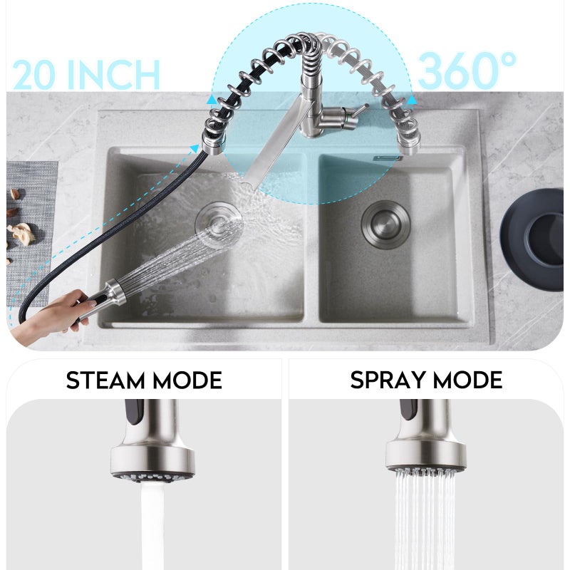 CREA 3-Way Kitchen Faucet, Brushed Chrome, Pull-Out, 20-Inch Flexible Hose, Single Lever Control, 5-Layer Stainless Steel Body, Advanced Ceramic Valve Core, 3/4-Inch Spout - Image 4